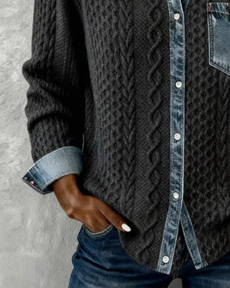 Long-Sleeve Shirt with Denim Patchwork